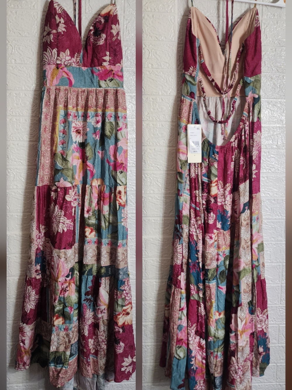 Patchwork Floral Maxi Dress in Burgundy and Teal